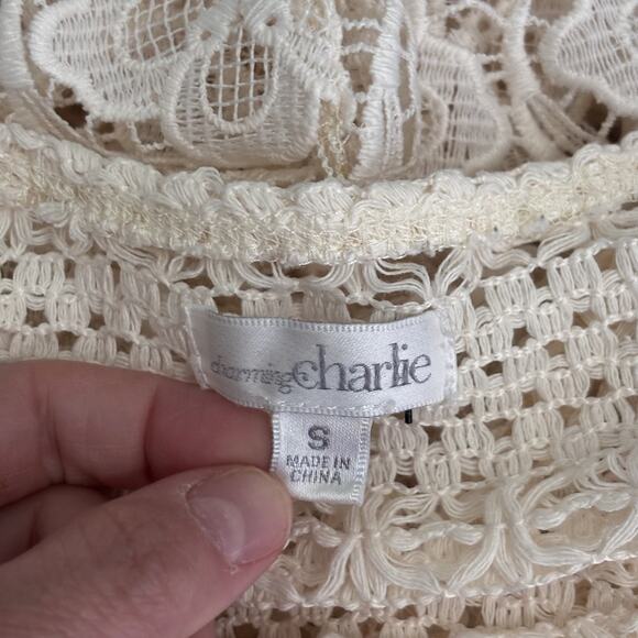 Crochet Lace Top Small Cream Sheer‎ Boho Festival Coquette Cottage Resort Cruise - Picture 11 of 12